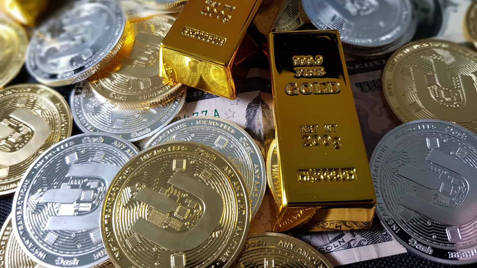gold bars-bitcoins-paper money